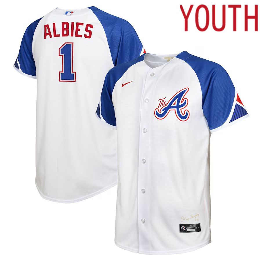 Youth Atlanta Braves 1 Ozzie Albies Nike White 2023 City Connect Replica Player MLB Jersey